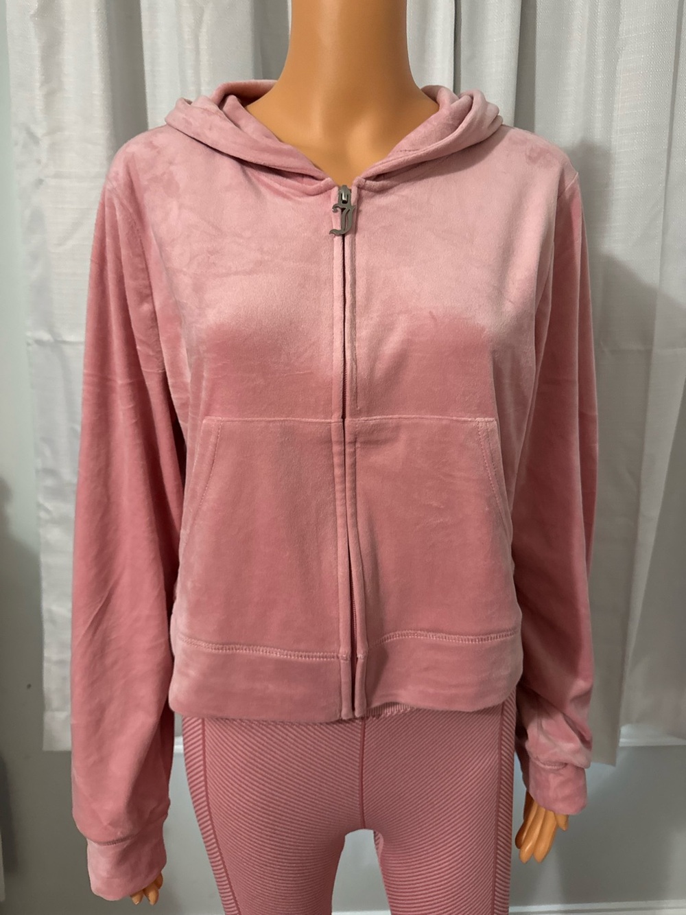Cool Juicy Couture size XL pink hooded full zip velour rhinestone logo shirt